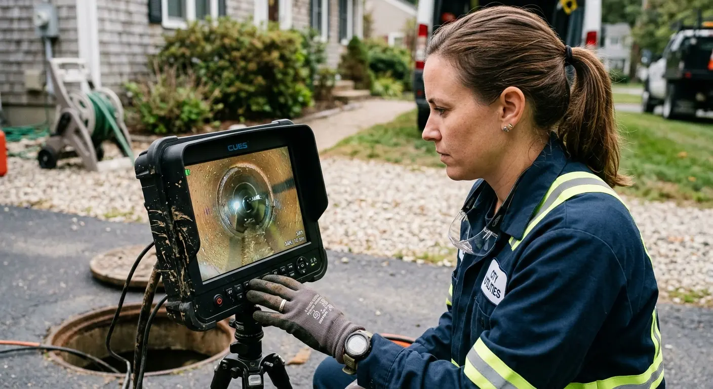 Technician reviewing sewer camera inspection footage in Le Mars