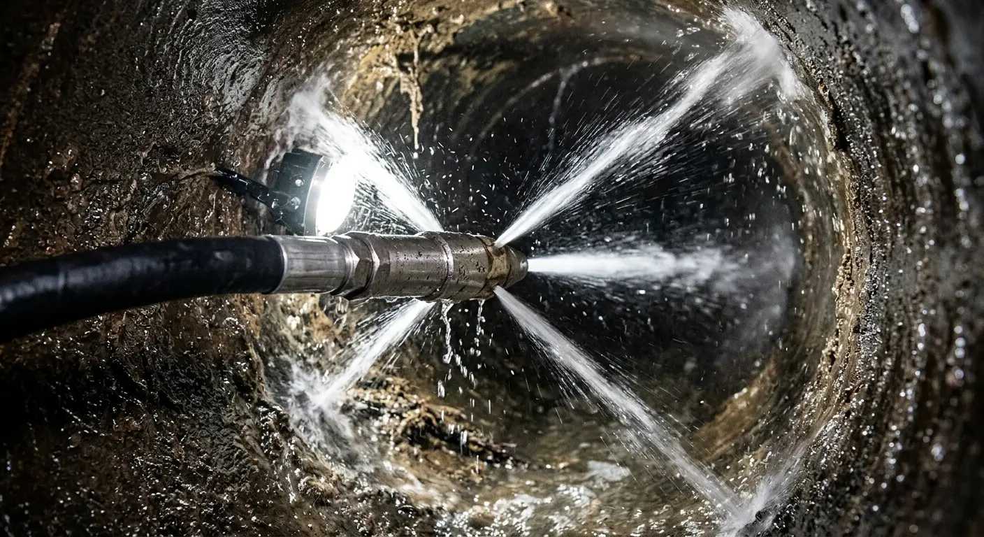 High-pressure hydro jetting nozzle cleaning sewer pipe for Trenchless Sewer Repair in Le Mars