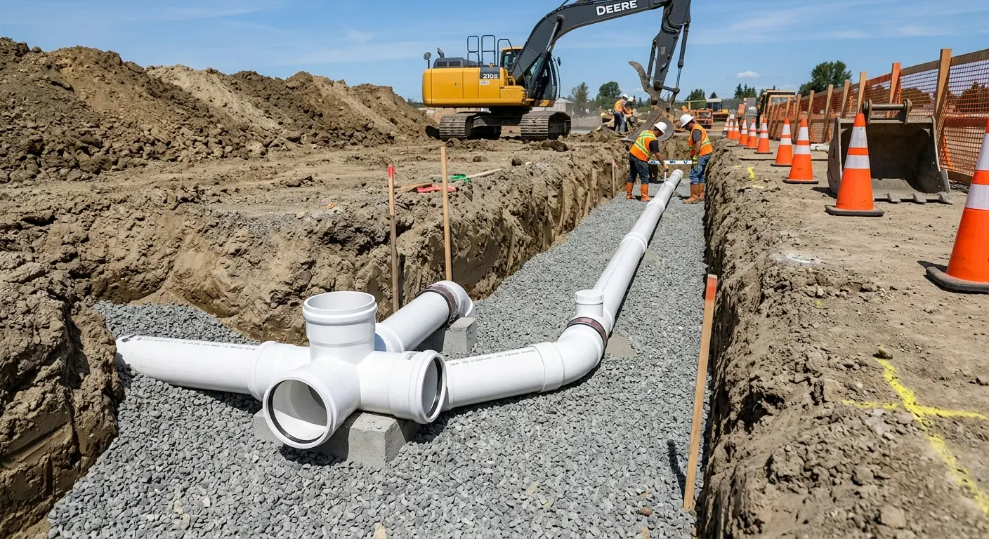 New PVC sewer pipe installation in open trench for Sewer Camera Inspection in Le Mars