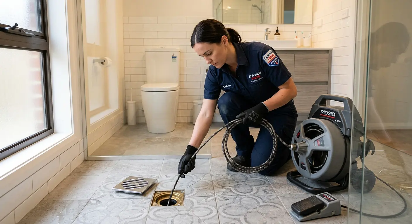 Technician clearing a bathroom floor drain for Clogged Drain Repair in Le Mars